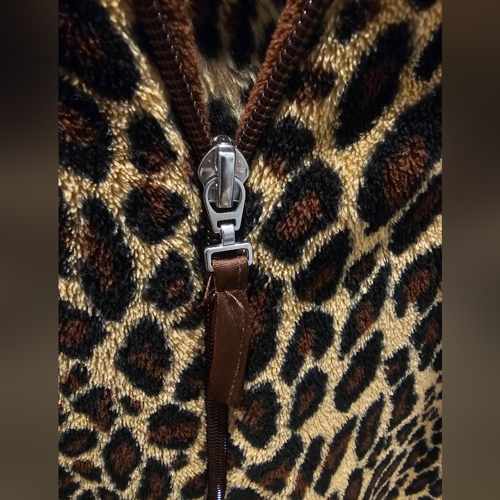 Oscar de la Renta Leopard Print Plush Zip Robe L/XL Long Sleeve Lounge Wear - Picture 2 of 9
